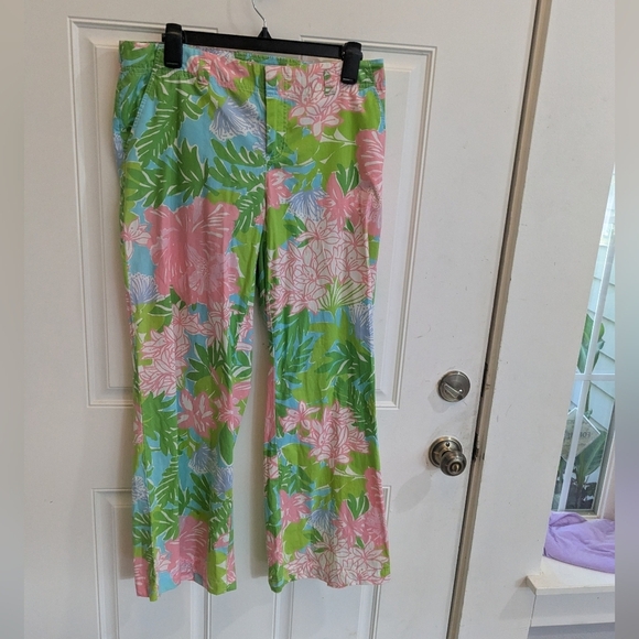 Lilly Pulitzer Green and Pink Floral Cotton Flare Pants - Picture 1 of 4